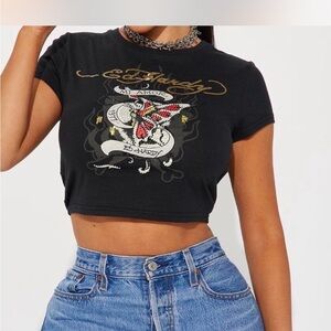 Ed Hardy Black and Red Graphic Crop Top